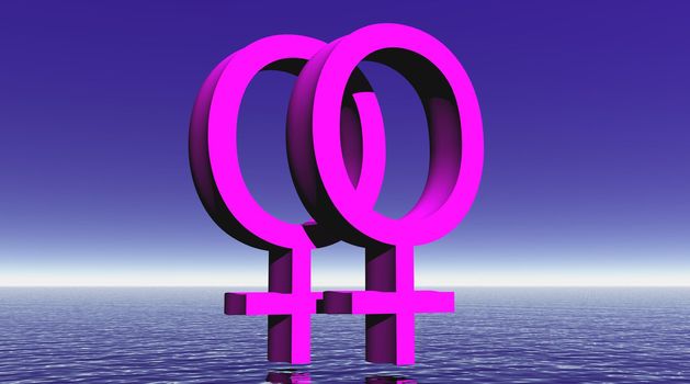 Two pink female symbols representing a lesbian couple upon blue sky and quiet ocean