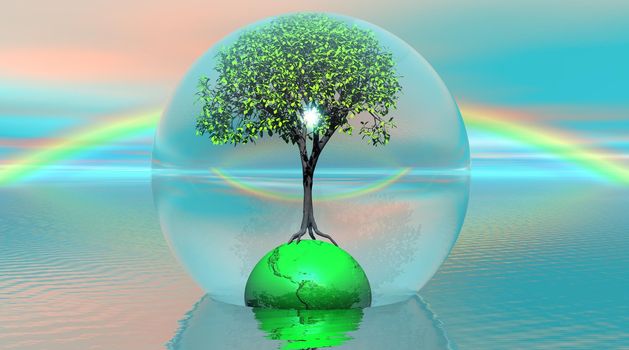 Green tree and earth in a bubble and colored sky and rainbow behind