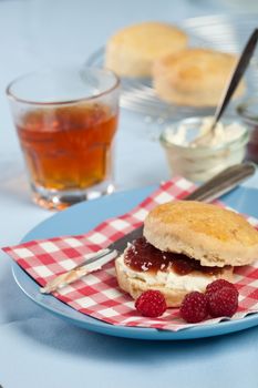 Delicious scone with clotted cream and raspberry jam