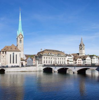 Zurich cityscape (Famous Fraumuenster Cathedral and St.Peter Church)