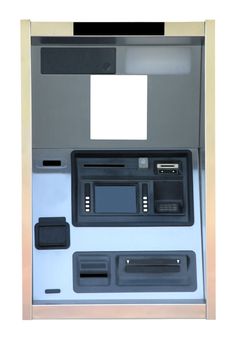 Bank ATM Cash Machine Kiosk Isolated on a white background with copy space.