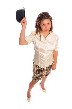 attractive young woman tipping her hat set on a white background