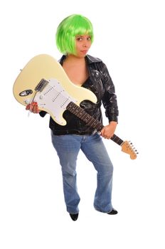 a woman with green hair holding an electric guitar set on a white background