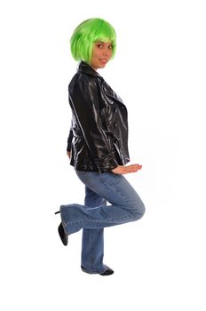 punk girl with green hair set on a white background