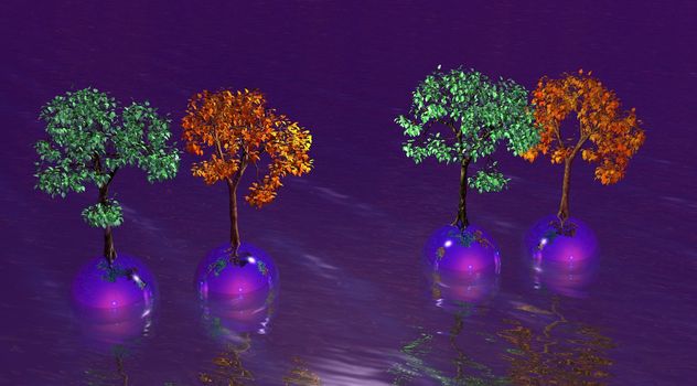 Four green and orange trees on four balls in the water