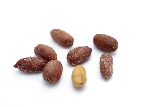 	
salted peeled peanuts on a white background