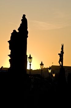 beautiful sunset at the Charles bridge in Prague