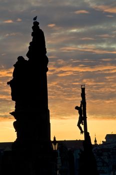 beautiful sunset at the Charles bridge in Prague