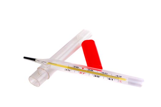 The thermometer for measurement of temperature of a human body with a case and a cover.