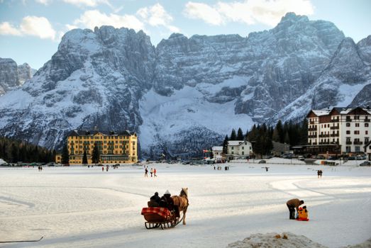 Typical scene in Misurina Iced Lake at Christmas