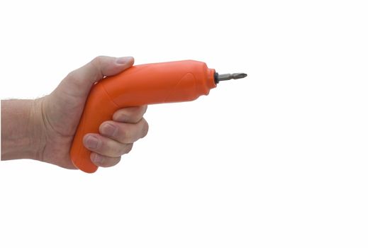 an isolated over white hand holding a cordless posidrive screwdriver 