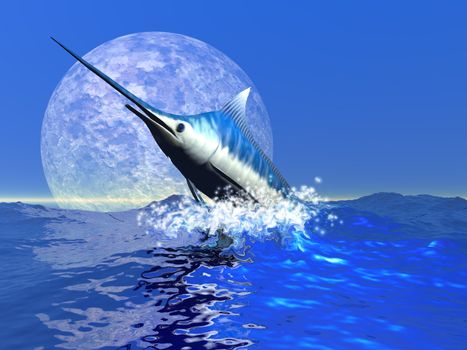 A blue marlin bursts from the ocean in a great splash.