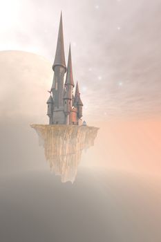 Fantasy image of a castle up in the mist and clouds.