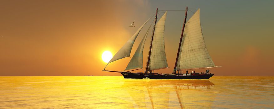 A beautiful sailing vessel passes the glorious sun.