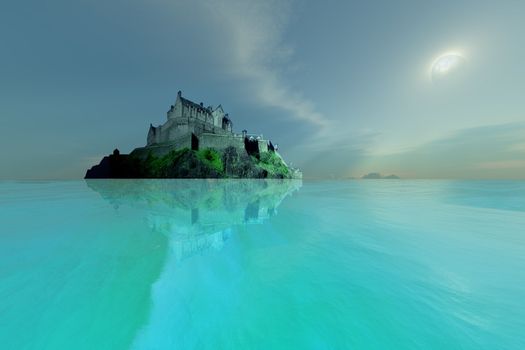 A castle overlooks crystal clear seas.