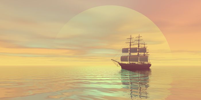 A clipper ship sails on golden seas.