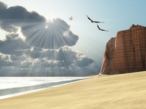 Sunlight shines down on two birds flying near a cliff by the ocean.