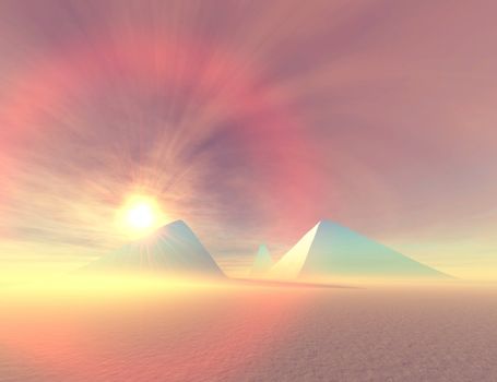 Fantasy desert landscape of pyramids.