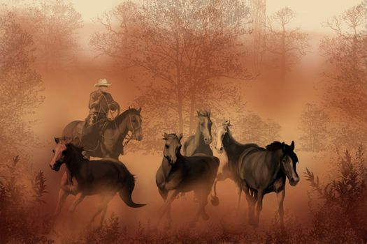 A cowboy drives a herd of horses back to the ranch.