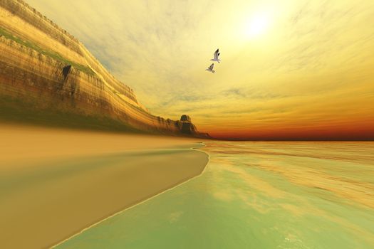 Seagulls fly near the mountains of this seascape.