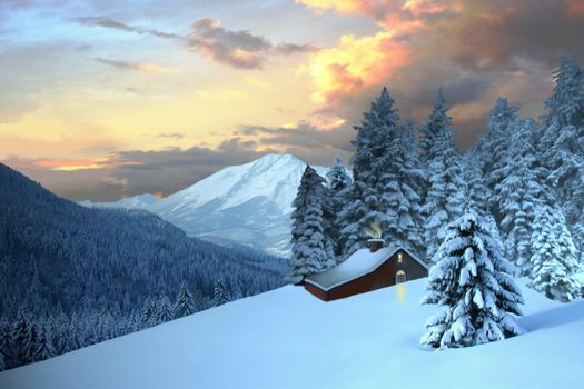 A cabin nestles in the mountain evergreen trees.