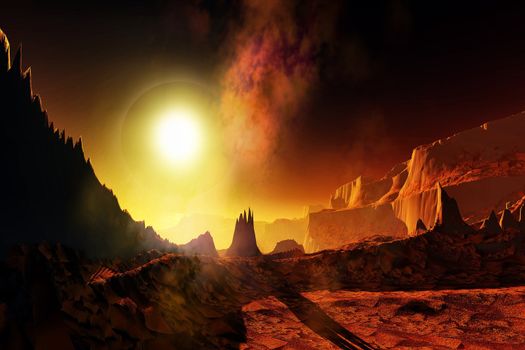 A large sun heats this alien planet.