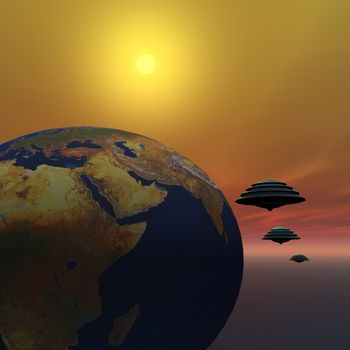 Flying saucers make a visit to Earth.