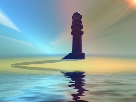 A lighthouse stands on a sandy beach.