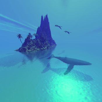 A Humpback whale lies near a fantasy tropical island.