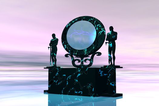 Statues stand near a dimensional portal to another universe.