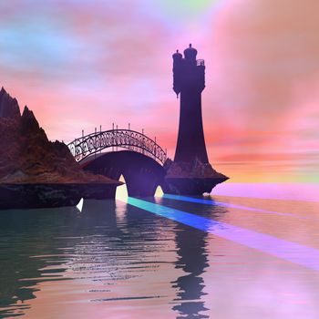 Fantasy lighthouse and bridge.