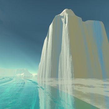 An iceberg is frozen in the clear ice of the ocean.