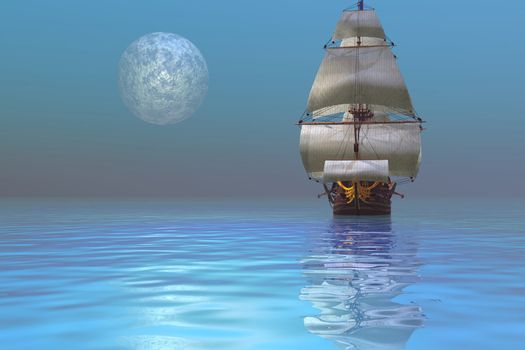 Fantasy seascape of a ship and the moon.