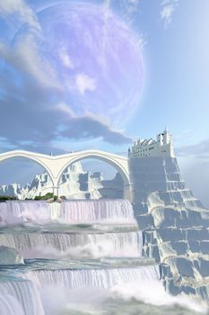 A fairy tale castle on this beautiful alien planet with gorgeous waterfalls.