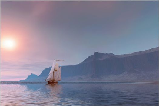 Seascape of a sailing vessel near the coast.