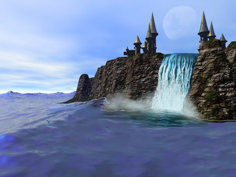 A beautiful waterfall meets the deep blue ocean in this fantasy castle image.