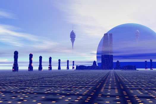 Futuristic city on a planet at the edge of the Milky Way.