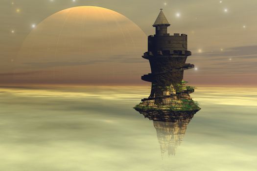 A fantasy castle hovers in the cloud layers of a planet.