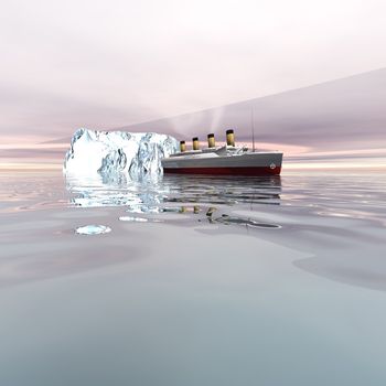 The beautiful ocean liner near icebergs in the north Atlantic ocean.