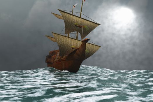 A sailing vessel navigates the ocean waves in stormy weather.