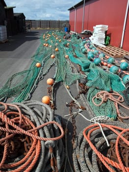 Details of colorful fishing nets in a fishermen port 