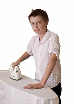 an image of a teenage school boy ironing wearing an unironed shirt, could portray irony.