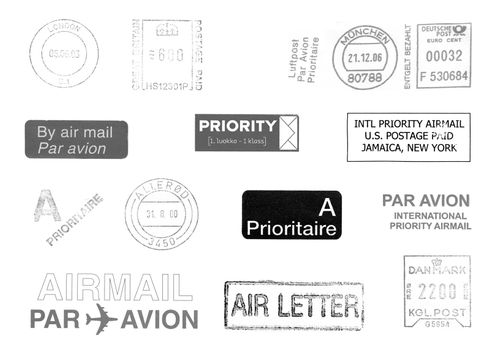 Postage meters, rubber stamps, mail labels isolated over white