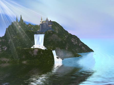 A fairytale castle sits among beautiful waterfalls.