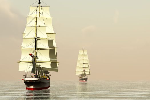 Two clipper ships sail on calm ocean waters.