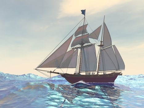 A ship sails in blue ocean seas on its first voyage.