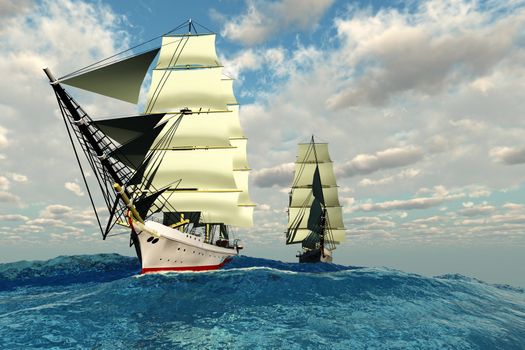 Two tall clipper ships navigate the rough waters of the open sea.
