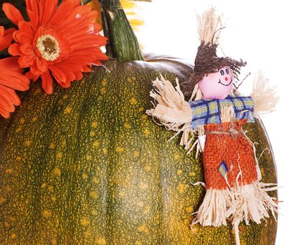A small scarecrow leaning against a ripening pumpkin, isolated against a white background