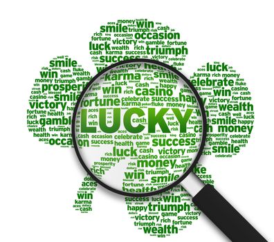 Magnified Clover leaf with the word lucky on white background.
