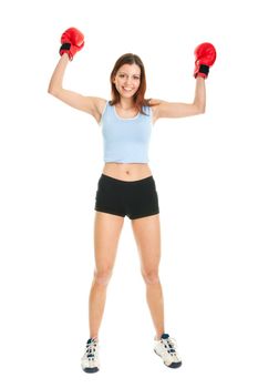 Beautiful woman practicing boxing. Isolated on white